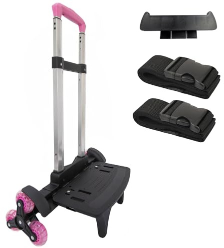 Lightweight Foldable Backpack Trolley – Pink 3-Wheel Rolling Hand Truck with Strap, Portable Folding Cart for Backpack, Travel, Commuting, and Daily Utility Use