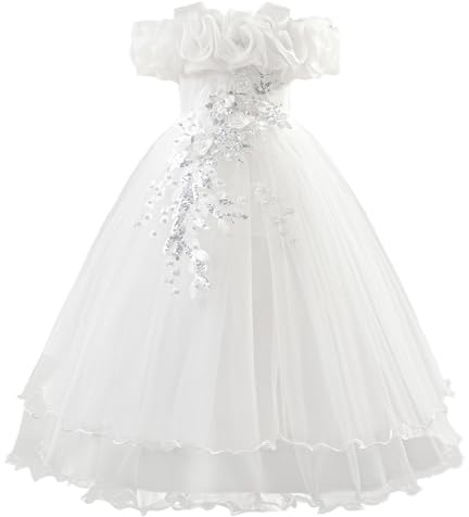 ABEHIK Kinder Mädchen Blumenmädchenkleider Besticktes Hochzeit Brautjungfernkleider Trägerloses Prinzessinnen Kleider Klavier Kostüme weiß 10 Jahre