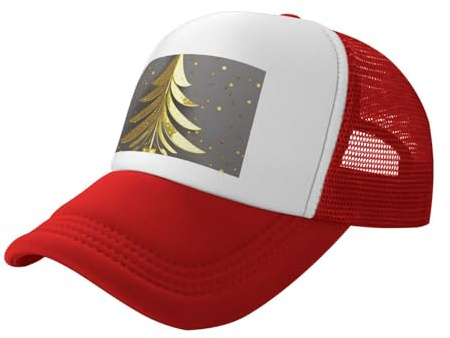 QPIPGER Baseballkappe mit goldenem Weihnachtsbaum, mit Netzrücken, verstellbarer Snapback, personalisierbar, Trucker-Hüte für Herren und Damen, Schwarz, rot, Einheitsgröße