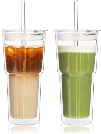 KEMORELA Latte Macchiato Gläser doppelwandig 600ml – Trinkbecher mit Deckel und Strohhalm, To Go Becher aus Glas, Thermogläser für Kaffee, Frappe & Kaltgetränke, 2er Set