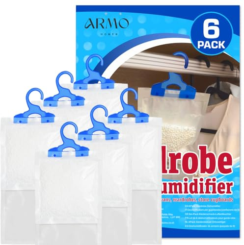 Armo® 6 x Hanging Wardrobe Dehumidifier Bag 230g Mould Mildew Condensation Absorber For Wardrobe, Bedroom, Office, Kitchen, White
