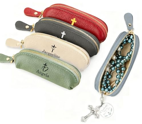 Estuche para rosario personalizado con cremallera, de cuero, con nombre personalizado y cruz multicolor. Pequeño estuche de viaje para rosario, monedero, regalo para mujeres, madres cristianas y catól