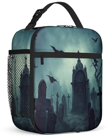 Gravestones - Lonchera aislada para Halloween, murciélagos góticos, cementerio, Halloween, verde oscuro, impermeable, con soporte para botella de agua, para el trabajo, oficina, picnic, 1 unidad