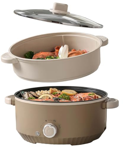 Hot Pot Elektrisch mit Dampfgarer, 4.6 L Tragbar Elektrischer Kochtopf 1000W, Multifunktionaler Hotpot 3 Stufen für Braten Ramen Fondue Suppe, Elektropfanne für Wohnheim/Camping/Haus