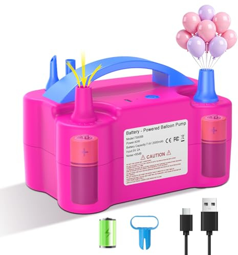 PlusFive Bomba eléctrica inalámbrica para globos, bomba de aire recargable tipo C con batería de 2000 mAh y 3 boquillas para globos redondos/papel de aluminio/260Q de largo inflado y aspirado, bomba