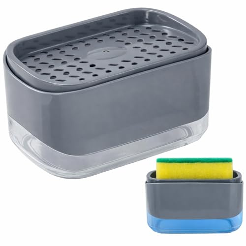 Dispensador Jabón+ Dosificador Jabon Detergente 350ml para Esponja, Jabonera Cocina, Organizador Fregadero Cocina, Porta Esponja y Escobilla para Platos, Sartenes, Ollas Gris