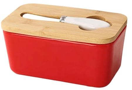 Burriera in Ceramica con Coperchio e Coltello, Contenitore Ermetico per Burro per Frigorifero – Scatola Rettangolare per Formaggio, Porta Burro con Spatola, Regalo da Cucina (Rosso)