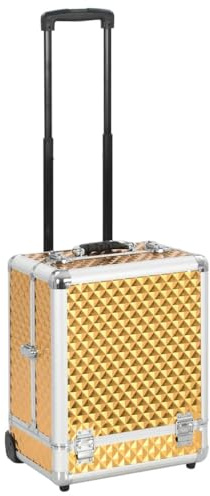 Kaloriko Kosmetikkoffer Golden Aluminium mit 35×29×45 cm, 6 ausziehbare Ablagen, verschließbar, abnehmbare Rollen, Organizer für Reise, Schminken, Pflegeprodukte, Kulturbeutel, Handgepäck