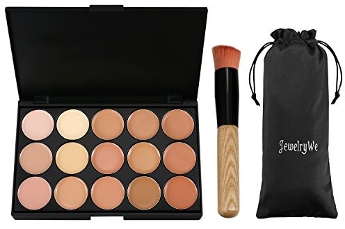 JewelryWe Set de Paleta de Corrector de Maquillaje 15 Colores Con Pincel, Paleta de Sombra De Ojos Impermeable Base Facial Para Mujer, Ligero y Transpirable