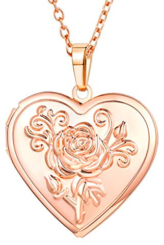 U7 Damen Medaillon zum Öffnen für Bilder personalisiert Foto Text Herzanhänger Rose/Punkte/Streifen/Blumen Muster Halskette Amulett Modeschmuck für Frauen Mädchen