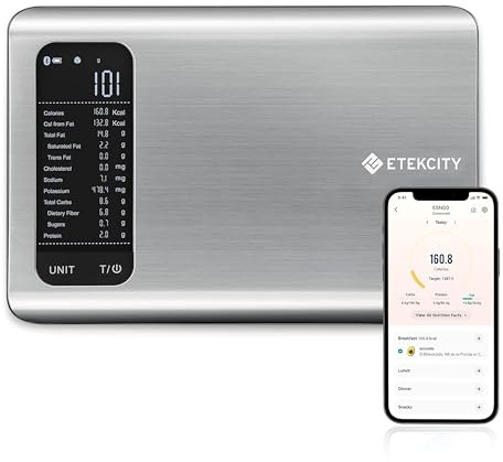 Etekcity Smart Food Kitchen Scale with Nutritional Calculator, Free App with 19 Nutrients Tracking, Calorie, Marco, Digital grams and ounces for weight loss, Premium Stainless Steel, 11lb