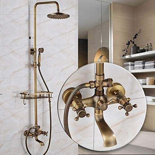 Duschsystem Antik mit schwenkbarem Duscharm für Wandmontage Badezimmer Duscharmatur inkl. 150cm Brauseschlauch aus rostfreiem Edelstahl Farbe: Messing Antik