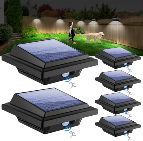 KEENZO Lot de 6 lampes solaires de gouttière LED avec détecteur de mouvement pour l'extérieur, 25 LED, 2 W, capteur PIR, noir, lumière blanche froide