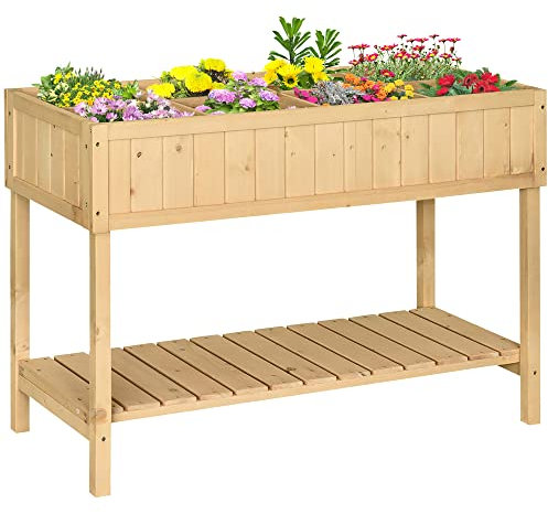 Outsunny Letto per Orto Rialzato in Legno Orto Pensile Urbano con 8 Griglie e Ripiano Inferiore per Piante da Giardino 120x60x81cm