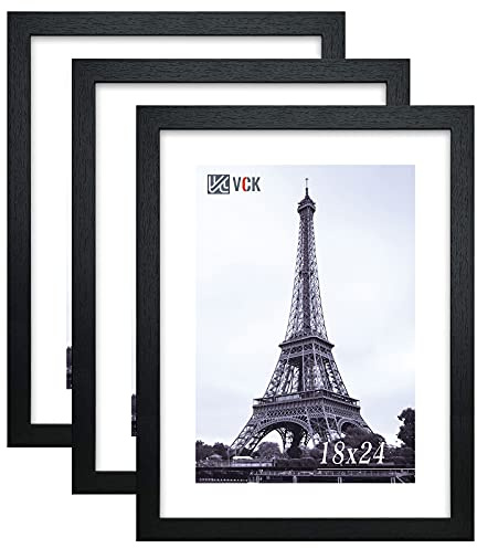 VCK 18x24 Poster Frame Solid Wood Black 3 Pack Picture Frames 18 x 24 Inches with Wall Mounting Hanging