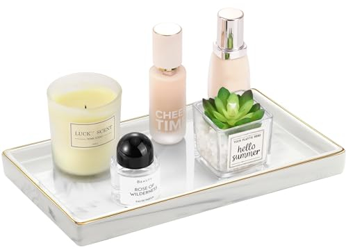 Luxspire Bathroom Vanity Tray, Golden Rimmed Jewelry Organiser rectangle Ceramic Tray, Kitchen Countertop Ring Dish Holder Cosmetic Organiser plate for Candles Perfume Home Décor, Medium, Marble White