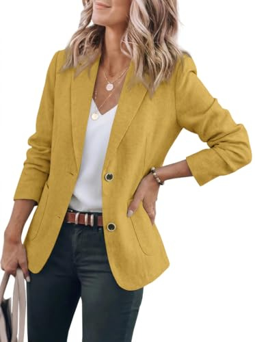 IDEALSANXUN Blazer in Lino di Cotone per Giacche Blazer Casual Allentate a Maniche Lunghe da Donna, Giallo, X-Large