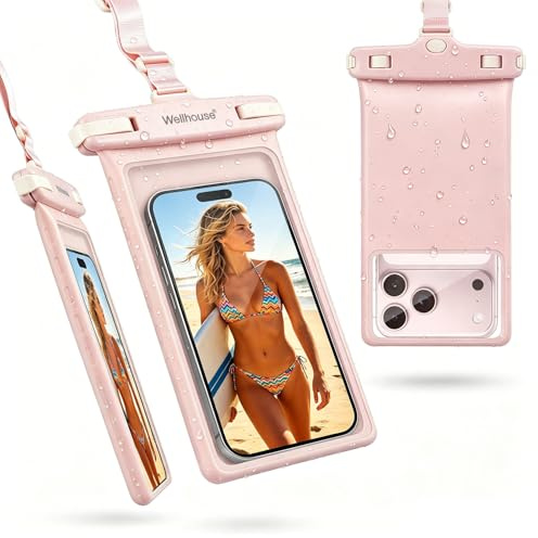 wellhouse Wasserdichte Handytasche/Handyhülle für iPhone 15, 14, 13, 12 Pro Max, XS, Samsung, IPX8, 3D, Strand-Essentials (Rosa, 1er-Pack, 8 Zoll (20,3 cm)