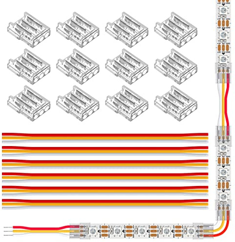 SEZO LED Streifen Verbinder Kit LED Eckverbinder 12PCS SMD 3PIN 10mm Transparenter Ungeverdrahteter Lückenloser Lötfreier Board to Wire Connectors + 6PCS 15cm langer 22AWG Verlängerungsdraht