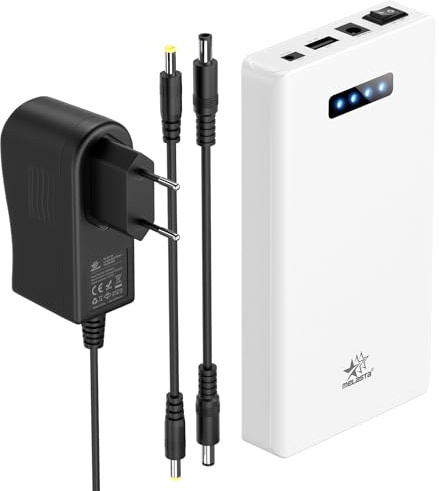 melasta 12V 5200 mAh 60W wiederaufladbare Lithium-Ionen Powerbank Externer Akku mit 12V 9V DC Ausgang und 5V USB Ausgang für LED-Streifen, Band-Licht, CCTV-Kamera und mehr, mit Ladegerät Weiß