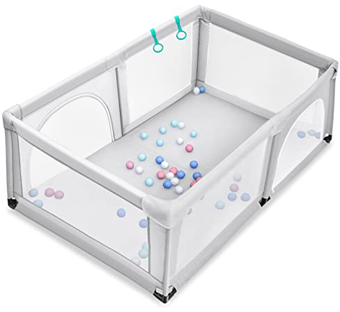 LIFEZEAL Baby Laufgitter 192x122x69cm, Laufstall Absperrgitter mit atmungsaktivem Netz, Krabbelgitter mit Reißverschlusstüren & Spielbällen, Kinder Aktivitätszentrum Indoor & Outdoor (Grau)