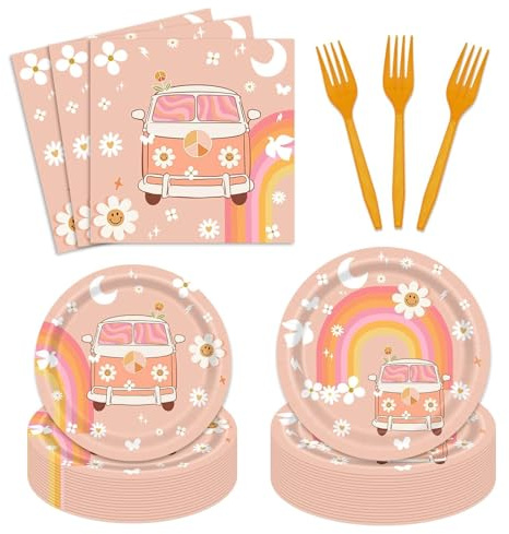 96 PCS Groovy Party Decorations Retro Daisy Flower Hippie Tableware Kit for Girls Birthday Party Supplies Paper Plate Napkin Fork 24 Guests