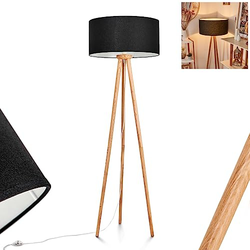 Stehleuchte Saladillo, moderne Stehlampe aus Holz/Metall/Stoff in Natur(Eiche)/Schwarz/Weiß, Leuchte im Boho-Design mit rundem Schirm (Ø 50cm) und Fußschalter, Höhe 151,5cm, 1 x E27, ohne Leuchtmittel