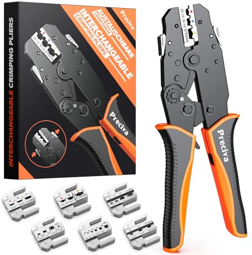 Preciva Ratchet Crimping Cable Plier Tool Set, Ferrule Terminal Crimper with Quick-Change 6 Heads for Heat Shrink/Insulated/Bare/Ferrules/Spade Crimp/Solar Energy Terminals