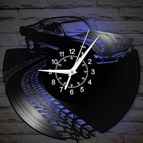 TIMEGLOW Retro Car Wall Clock, 12 Inch 7 Colors Luminous Garage Clock Silent Quartz Non Ticking Vintage Decorative Night Light LED Vinyl Record Car Themed Shop Clock for Car Shop Car Guy Gift