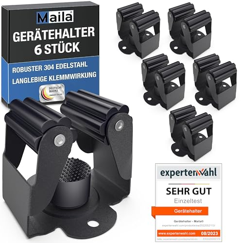 Maila® Gerätehalter (6er Set, Schwarz) - Robuster 304er Edelstahl rostfrei - Besenhalterung Wand mit starker Klemmwirkung, Wandhalterung für Besen, als Werkzeughalter