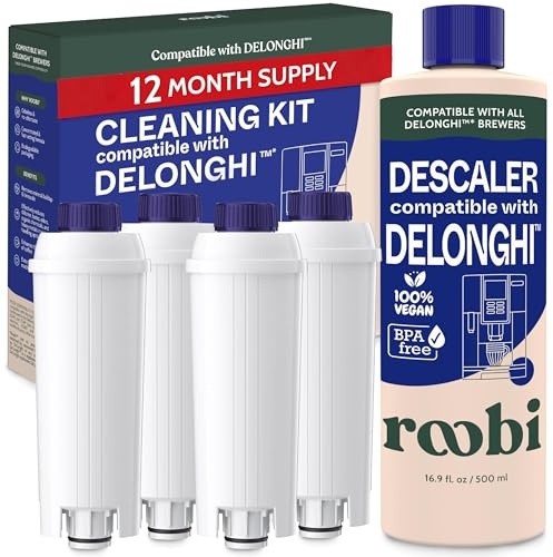 Roobi Reinigungs- und Entkalkungsset für Kaffeemaschinen kompatibel mit DeLonghi. Enthält 500 ml Entkalkungslösung und 4 Wasserfilter. Jahresvorrat. Umweltfreundlich.