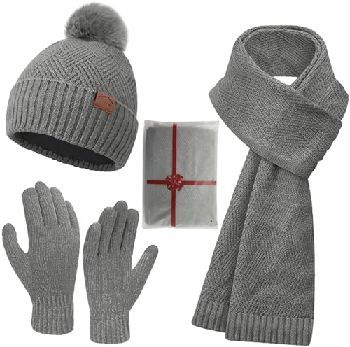 CheChury Stickat set för kvinnor, vinter, lång halsduk och handskar, pekskärm, mjukt foder, varm, termisk mössa, halsduk, fleecehandske, 3 delar i 1, för skidsport, Färg: grå, One Size