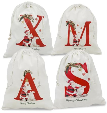 Weihnachtsbeutel mit Personalisiert Ziehkordel Geschenkbeutel Weihnachten Geschenksack mit XMAS, Weihnachtsmann sack, Adventskalender Beutel Geschenkverpackung(4 Stück, 25X30cm)