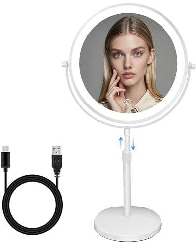MEKOTRIN 8.7 Inch Magnifying Makeup Mirror with Lights, 1X/10X Vanity Mirror, Double Sided 360° Rotation Rechargeable Dressing Table Mirror with Height-adjustable Stand for Bathroom Bedroom(White)