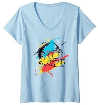 Damen American Football Helm Silhouette Bunte Farbspritzer T-Shirt mit V-Ausschnitt