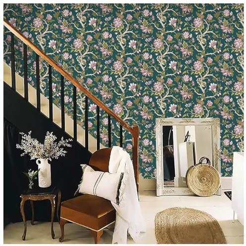 Wandschutzfolie Rosa Grüne Blumen Klebefolie Wandtattoo Leicht zu Entfernen Möbelfolie Selbstklebende Tapete Wandtattoo Schlafzimmer Tapete Selbstklebend Wallpaper for Living Room 45x600cm