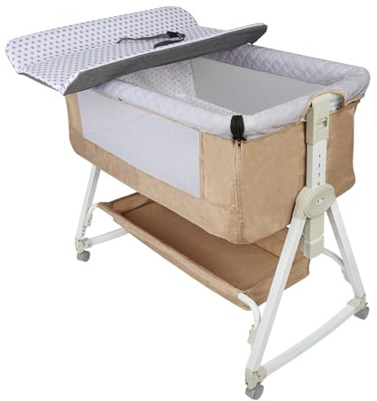Cododo 3-in-1 Kinderbett Cododo mit Matratze und Moskitonetz, Höhenverstellung, Mobile Babywiege für Neugeborene/Säugling, Cododo-Bett mit Aufbewahrungskorb (Beige, 95*50*110cm +Wickeltisch)