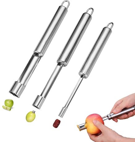 TUKEVA 3 Pcs Descorazonador De Manzanas Saca Corazon Manzana Acero Inoxidable Saca Corazon Manzana Herramienta para Quitar el corazón de la Fruta para Hogar y Cocina,Frutas y Verduras (Plata)