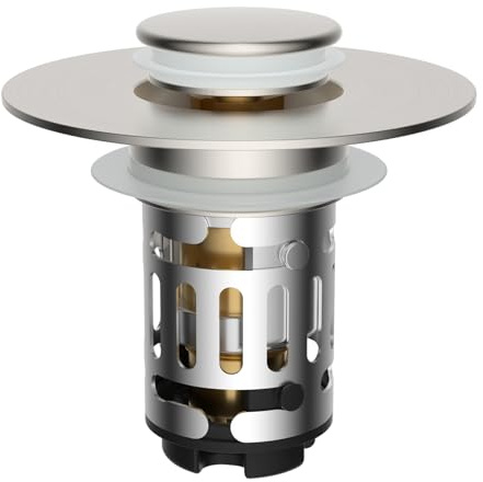 Hibbent Verbesserter Waschbeckenstöpsel mit Sieb, gebürsteter Nickel | Pop-Up Abflusssieb Stöpsel mit abnehmbarem Filterkorb Haarfänger, Abflussstopfen für 30-60mm Beckenloch, Messing-Bullet-Kern