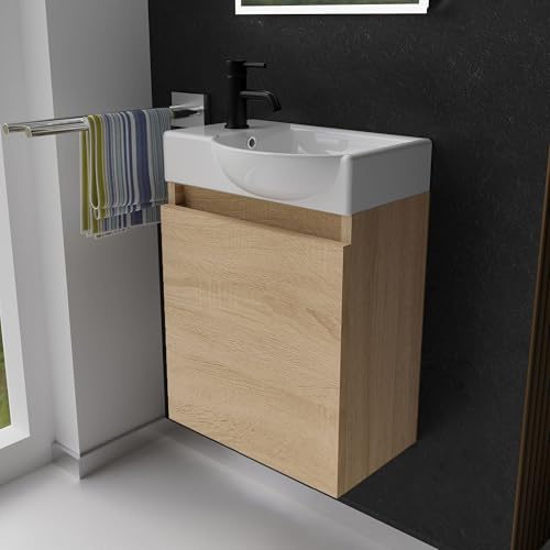 Alpenberger Gäste WC Waschbecken mit Unterschrank | Kleines Badmöbel 45 cm Breit | Waschtisch mit Waschbeckenunterschrank (Eiche Hell, Waschbecken - Rechte Seite)