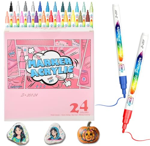 Porzellanstifte Spülmaschinenfest, 24 Farben Acrylstifte für Steine Wasserfest 1.0mm Acrylic Marker für Steine, Malerei, Glas, Holz, Zeichnungsmuster und Designkreationen auf verschiedenen Porzellan