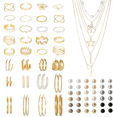Gkaopi 86 Stück Gold Schmuckset Damen mit 6 Stück Anhänger Halskette 12 Paar Huggie Ohrringe 18 Paar Ohrstecker 20 Stück Ringe Brautschmuck Set Modeschmuck Set für Frauen Mädchen