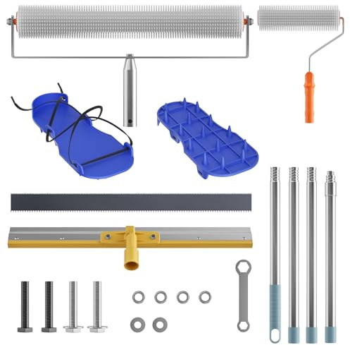Self Levelling Tools with Removable 1.6m Extended Handle, Small & Large Defoaming Rollers, Stainless Steel Scraper, Spiked Shoes for Self-Levelling Floors Smooth Cement Finish
