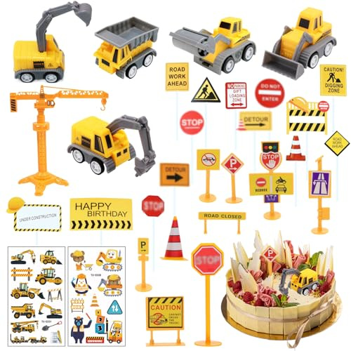 31 Pcs Mini Bagger Kuchen Deko Baustelle Bagger Tortendeko Minibagger Tortendeko Baustelle Tortendekoration für Kindergeburtstage, Geeignet für 2, 3, 4, 5 Jahre Alte Kinder