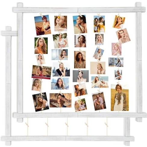 PHOENANCEE Holz-Bilderrahmen für Mehrere Bilder, Collage-Bilderrahmen für die Wand Mit Clips, Hängende Fototafel für die Heimdekoration, 2er-Set(Rustikales Weiß)