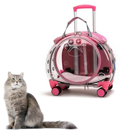Katttransportväska med Hjul – Transparent Hård Ryggsäck med Tystgående 360° Hjul, Avtagbara Axelband och Ventilerad Ryggpanel – Resväska för Katter och Små Hundar upp till 10 kg(Pink)