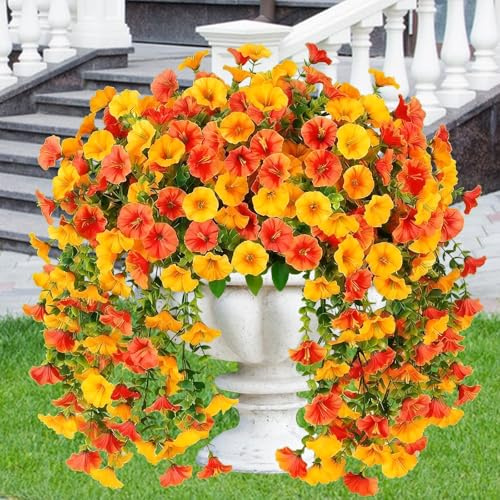 LEIMEND 4 Stück Künstliche Hängepflanzen Herbstdeko Kunstblumen wie echt | Kunstblumen Hängend Herbstdeko Orange Gelb Künstliche Petunien Hängend Herbst Dekoration für Außen Innen Balkon