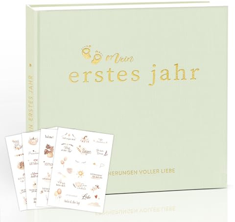 Hyggartn Mein Erstes Jahr Babyalbum – Leinen Hardcover in Salbeigrün, 84 Seiten – Erinnerungsbuch für das erste Lebensjahr mit 4 Stickerbögen – Ideales Babygeschenk für Junge & Mädchen