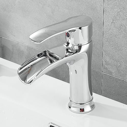 Rubinetto miscelatore per lavabo cromato a cascata, in ottone massiccio, rubinetto da bagno a leva singola, moderno miscelatore per lavabo, design elegante a foro singolo, durevole e facile da