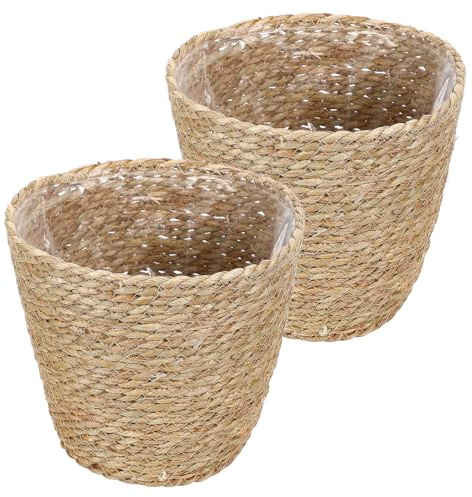 BESTonZON 2 Stück Handgeflochtene Blumentöpfe aus Seegras mit Tragbarem Design und Natürlichem Rattan für Innen und Außendekoration im Modernen Landhausstil